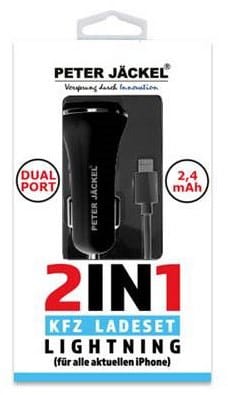 Peter Jäckel USB Car Charger Set 2in1 Dual Port Lightning schwarz